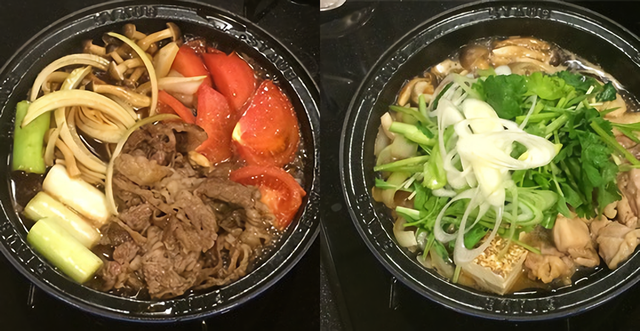 (左)トマトと赤身肉のすき焼き鍋 (右)パクチー入り鳥鍋