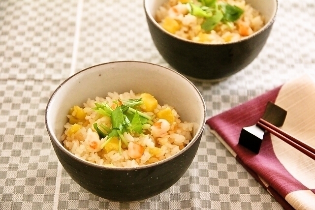 海老とさつま芋の炊き込みご飯