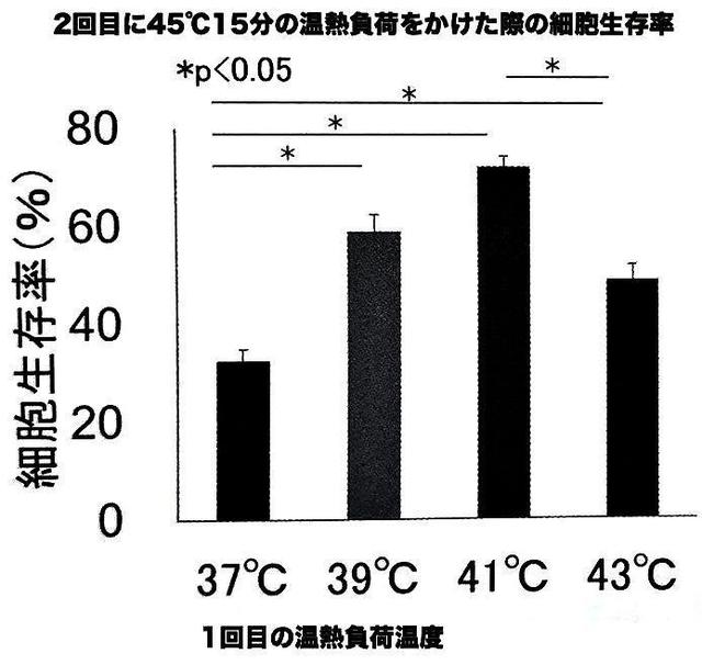 2回目に45℃15分の温熱負荷をかけた際の細胞生存率