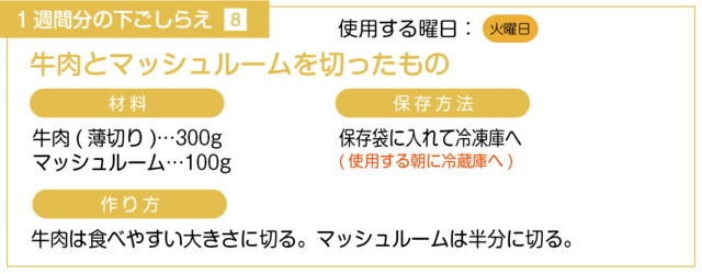 牛肉とマッシュルームを切る下ごしらえ