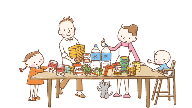防災用の備蓄食材を確認しているイラスト