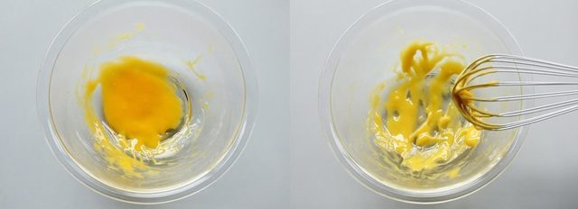 卵黄、塩、酢を混ぜ合わせている様子