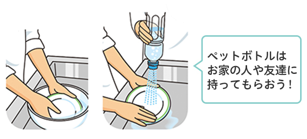 洗いおけのため水に食器をくぐらせ、ペットボトルじょうろの水で食器を洗い流す様子