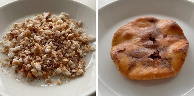 粉々に割ったおせんべいとそのままのおせんべいの比較