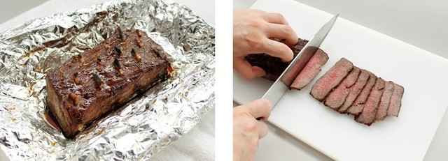 保温終了後のローストビーフの外観、断面の様子