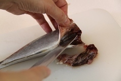 包丁の先で血袋を破く